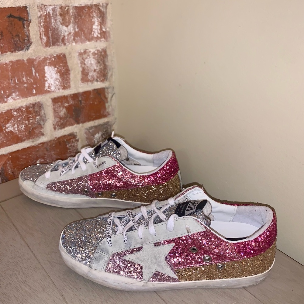 Golden Goose Pink, Gold, and Silver Glitter Sneakers